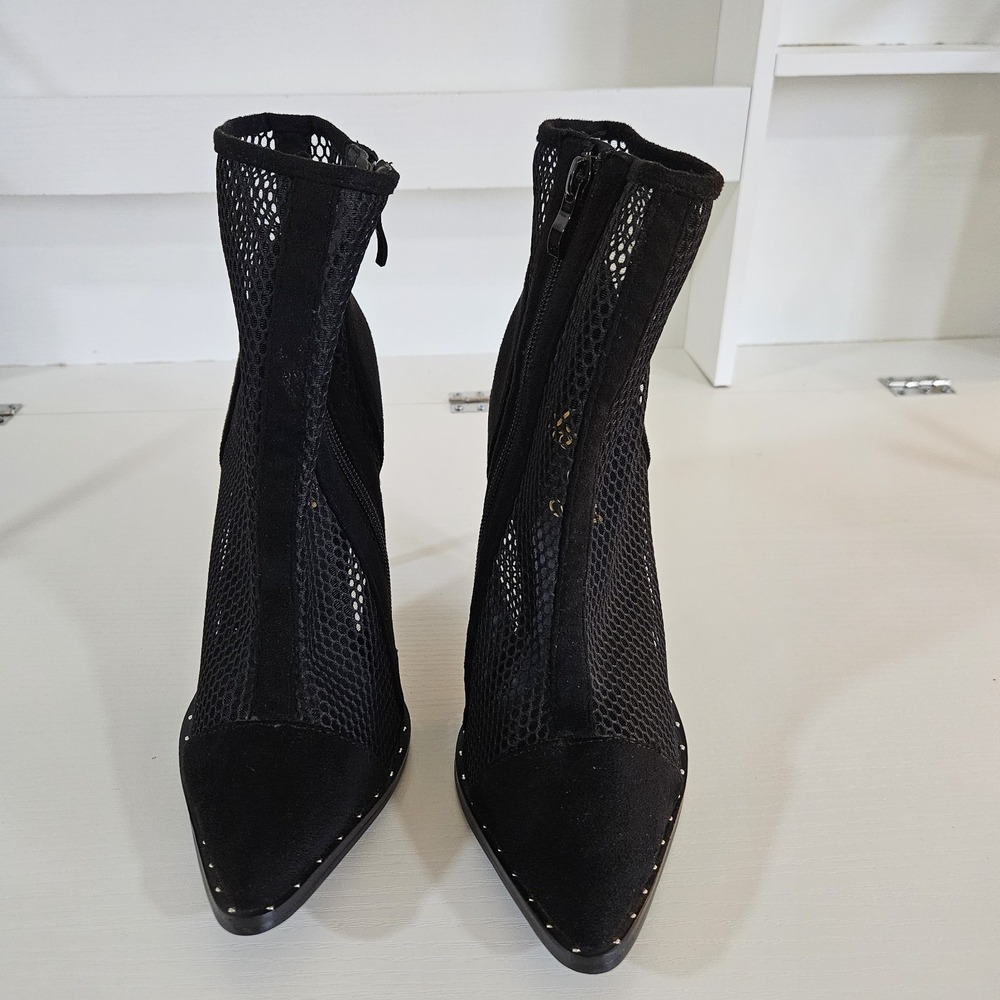 So Me Andrea2 Black Fishnet Mesh Suede Studded Pointed Toe Stiletto Booties 8.5